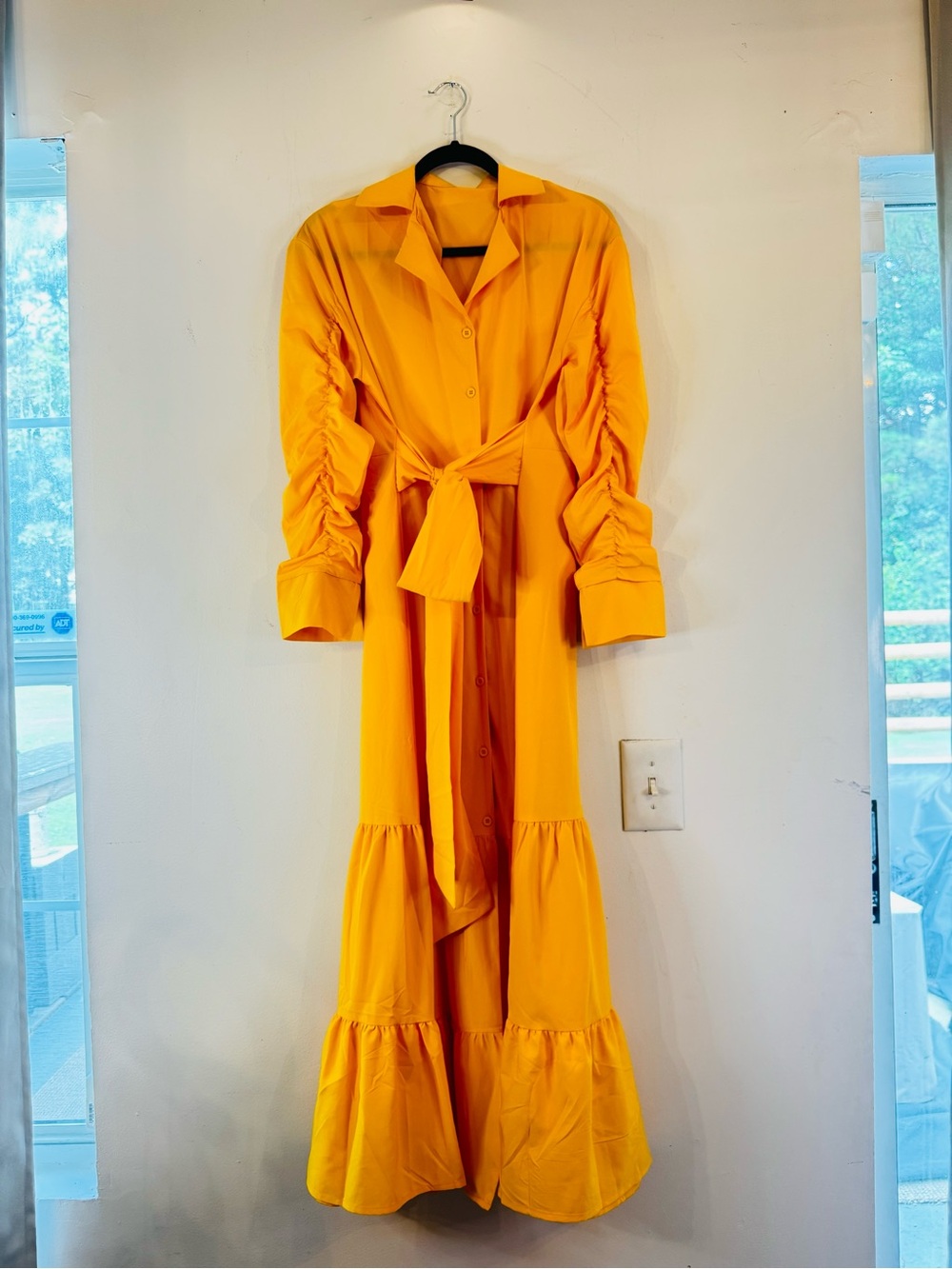 Yellow Button-Front Maxi Dress with Tie Waist